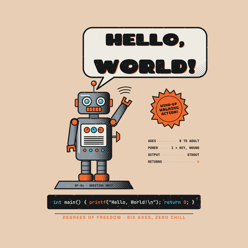 Close-up of the tin robot artwork showing the speech bubble lettering, wave lines, chest dials and the printf code bar.