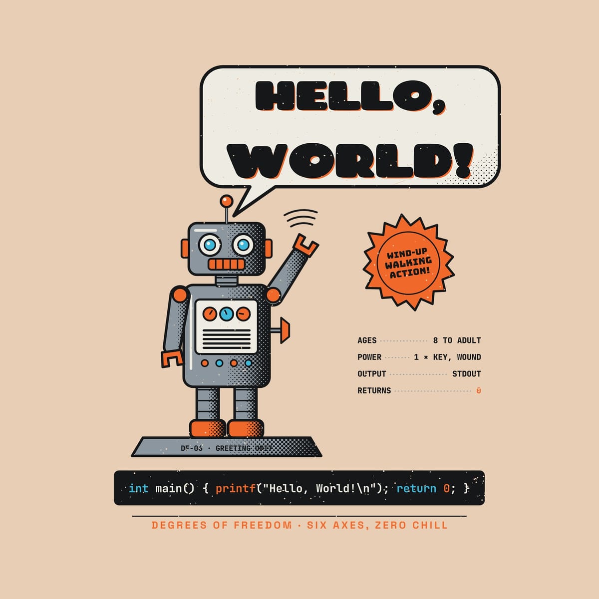 Close-up of the tin robot artwork showing the speech bubble lettering, wave lines, chest dials and the printf code bar.