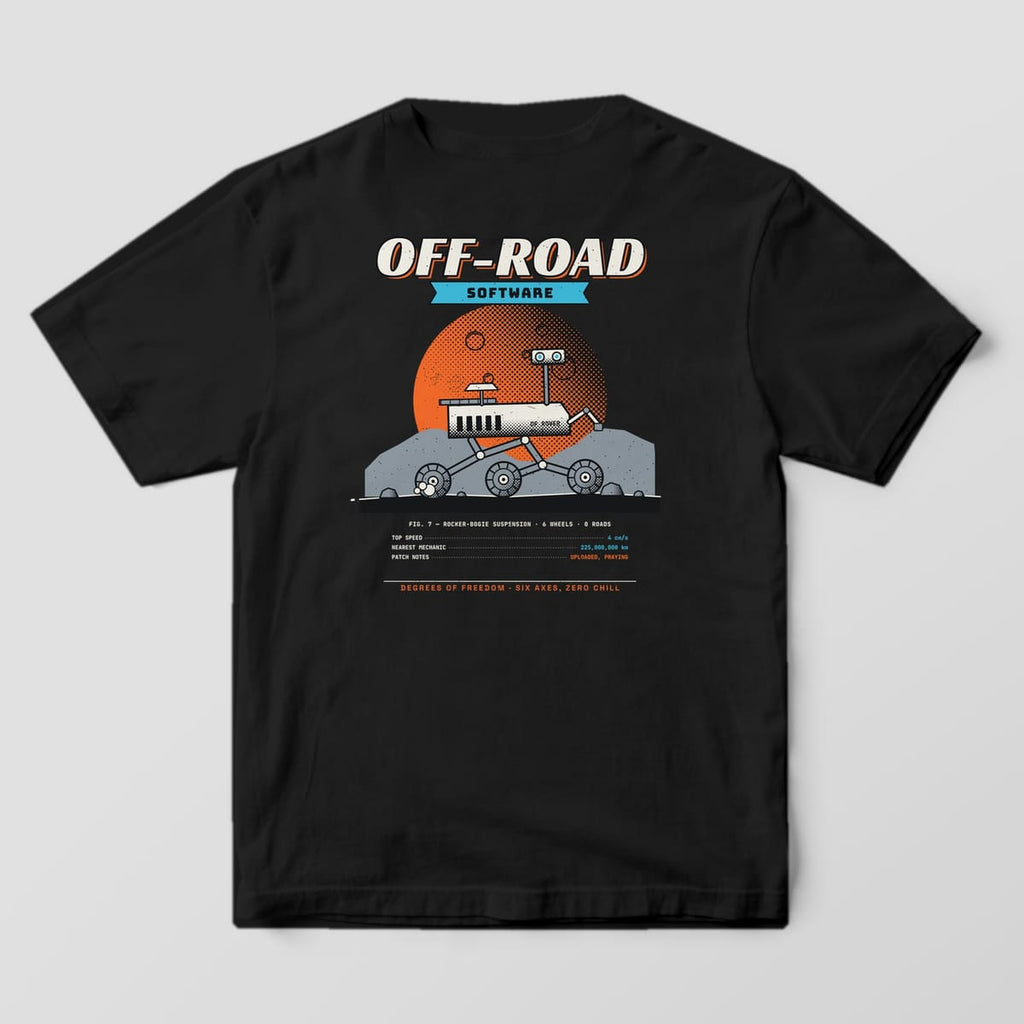 Back of a black Comfort Colors 1717 tee with a six-wheel rover, an orange halftone planet and Off-Road Software lettering.