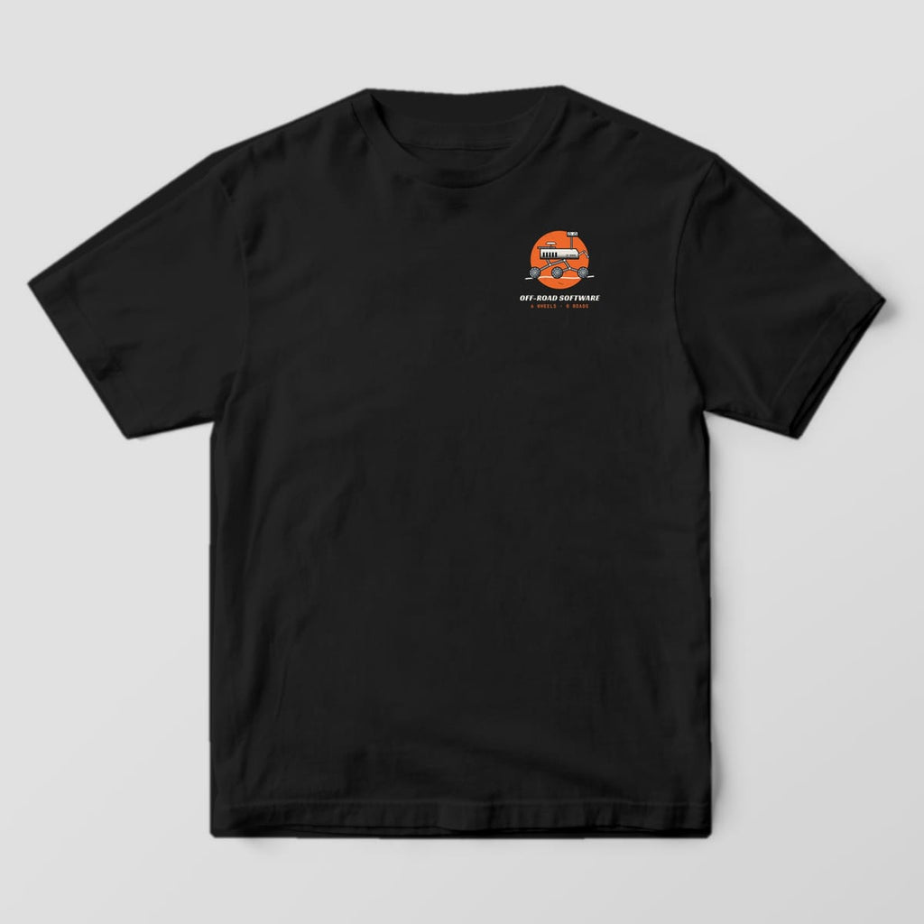 Front of a black Comfort Colors 1717 tee with a small rover on an orange planet on the left chest.