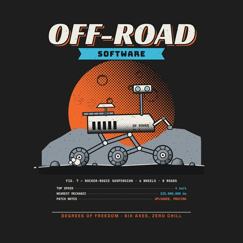 Close-up of the rover artwork showing the rocker-bogie suspension, grousered wheels, mast camera and the halftone planet.
