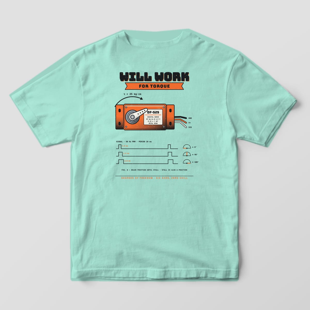 Back of a chalky mint Comfort Colors 1717 tee with an orange hobby servo, torque arrow and PWM timing chart.