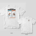 White tee shown back and front: back has two panels, a working robot arm in Simulation and a tipped-over smoking arm in Reality; front has a small robot arm in a sim window.