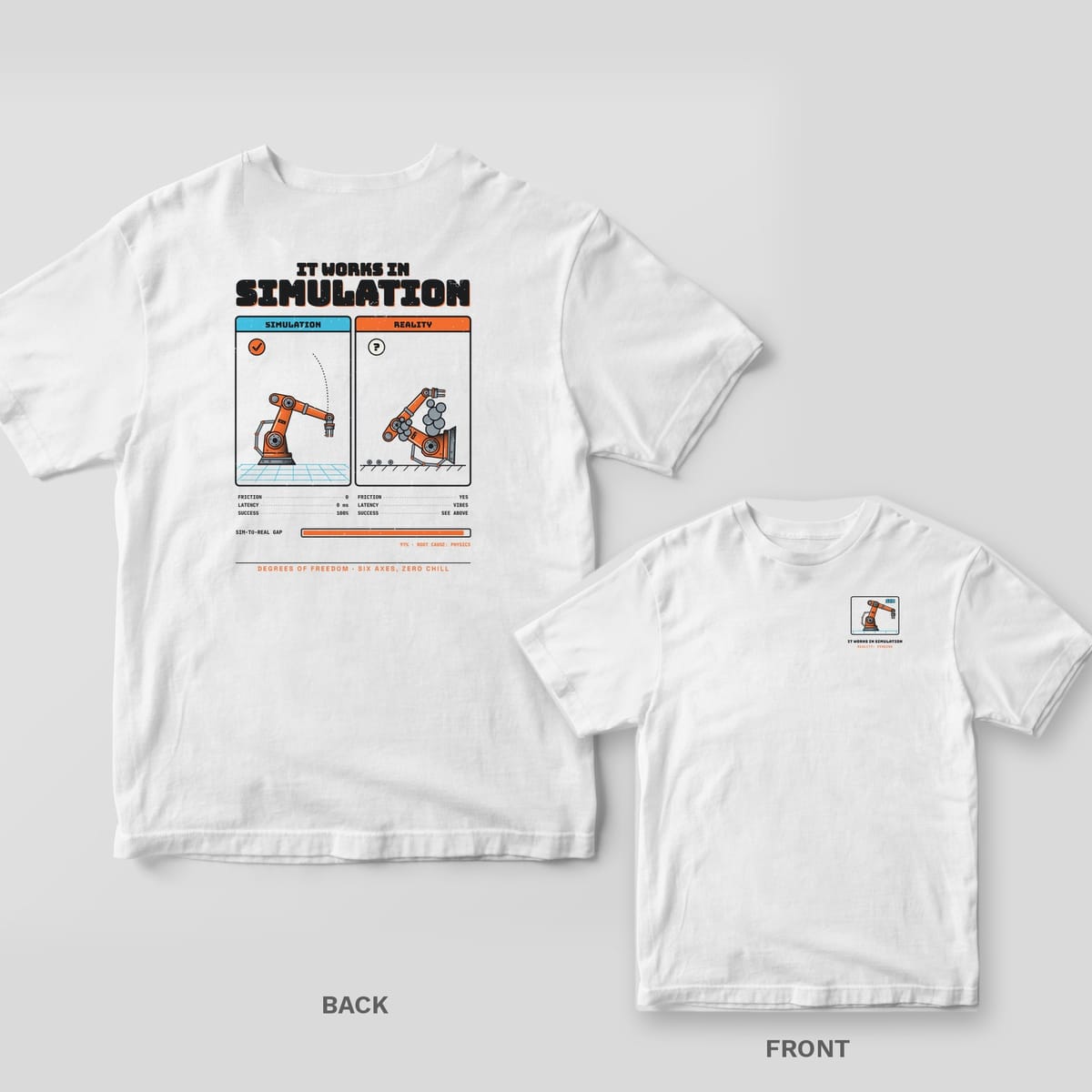 White tee shown back and front: back has two panels, a working robot arm in Simulation and a tipped-over smoking arm in Reality; front has a small robot arm in a sim window.