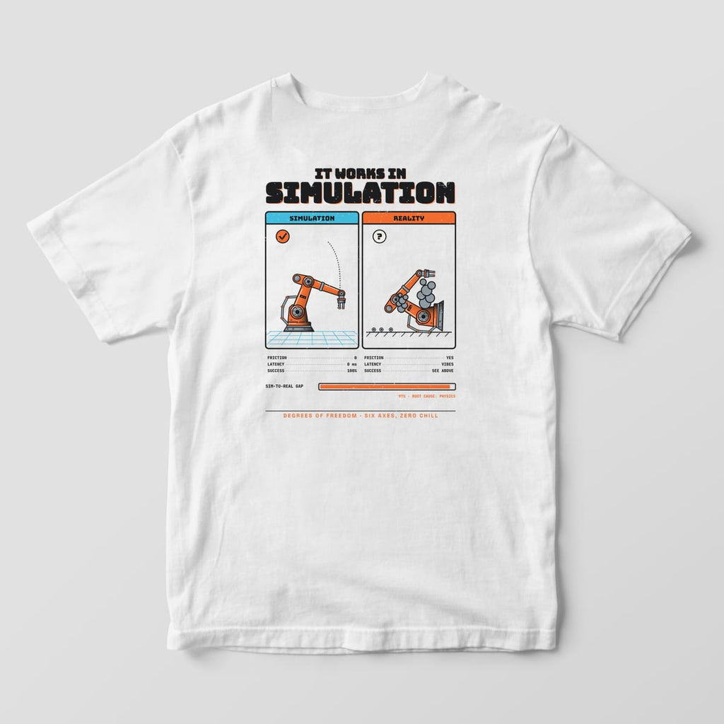 Back of a white Comfort Colors 1717 tee with a Simulation panel and a Reality panel with a tipped-over robot arm.