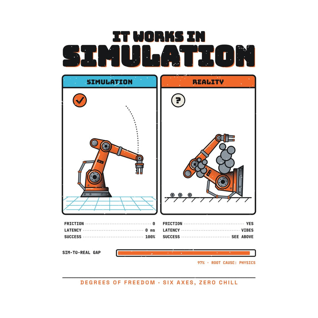 Close-up of the two-panel artwork showing the cyan simulation grid, the fallen robot arm, smoke clouds and the sim-to-real gap bar.