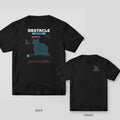Black tee shown back and front: back has a big round chonky cat made of cyan lidar dots in an orange box tagged CAT 0.97 CHONK under Obstacle Detected; front has a small point-cloud cat.