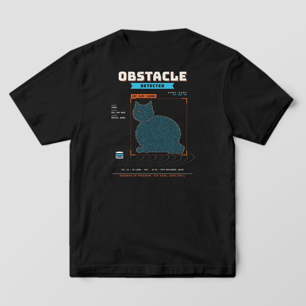 Back of a black Comfort Colors 1717 tee with a chonky cyan point-cloud cat in an orange bounding box tagged Chonk and lidar scan rings.