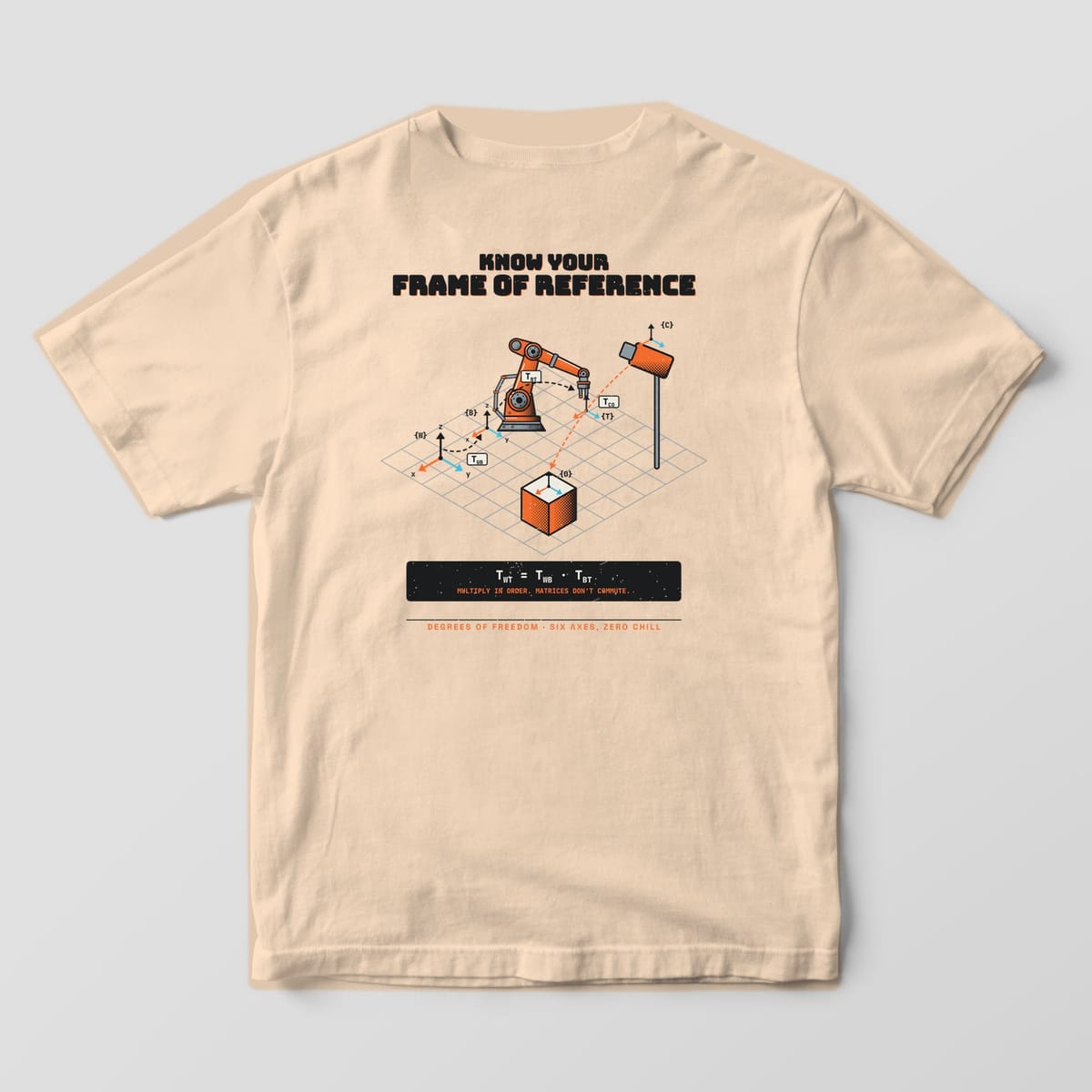 Back of an ivory Comfort Colors 1717 tee with an isometric robot cell with coordinate frames, transform arrows and a matrix equation.