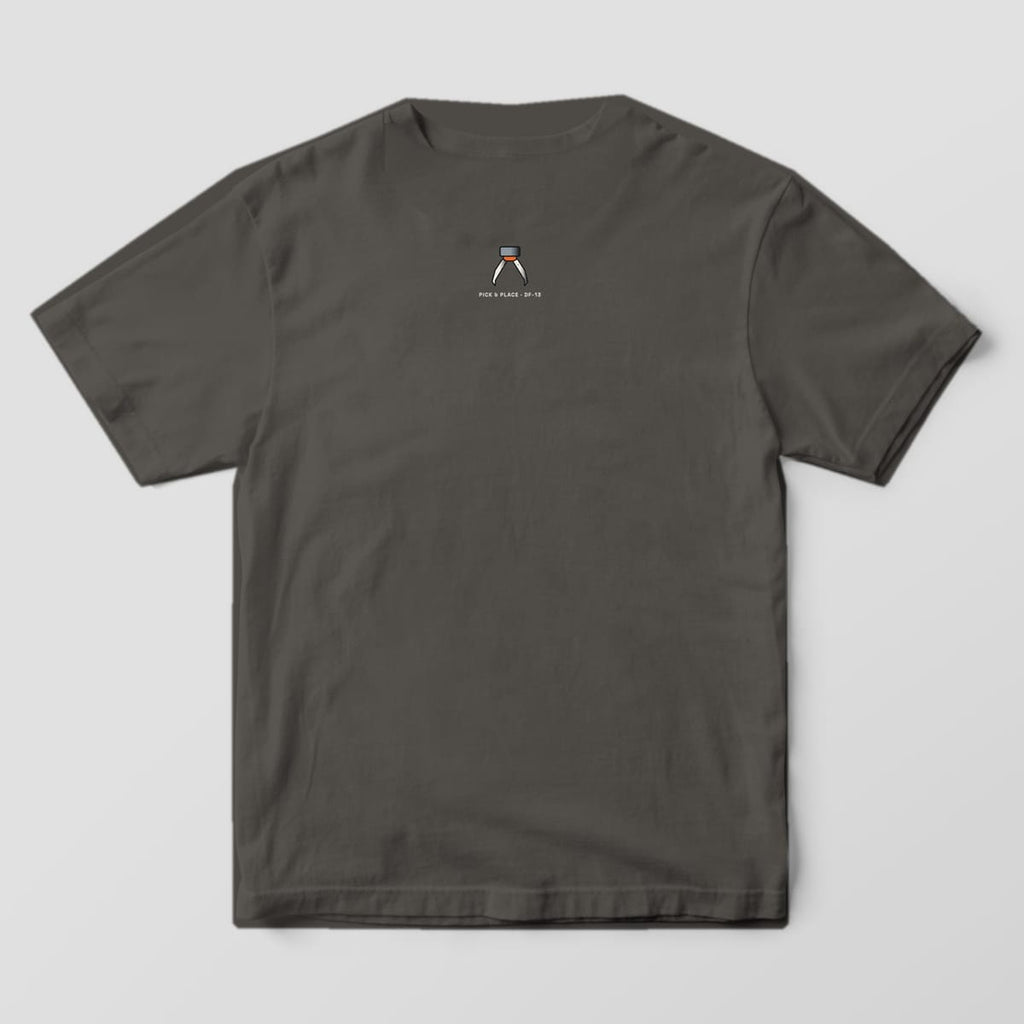 Back of a pepper Comfort Colors 1717 tee with a small claw icon at the back neck.