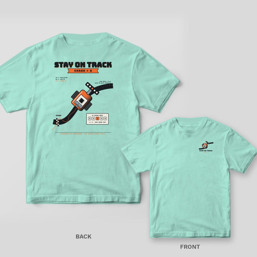 Chalky Mint tee shown back and front: back has an orange line-following robot on a curving black track under Stay on Track; front has a small robot on a track.