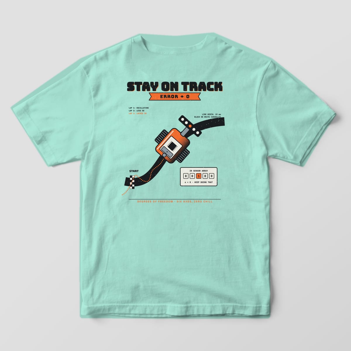 Back of a chalky mint Comfort Colors 1717 tee with a line-following robot on a black track and an IR sensor array panel.