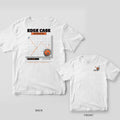 White tee shown back and front: back has a robot vacuum stuck in the corner of a floor plan with an orange path under Edge Case; front has a small robot vacuum in a corner.