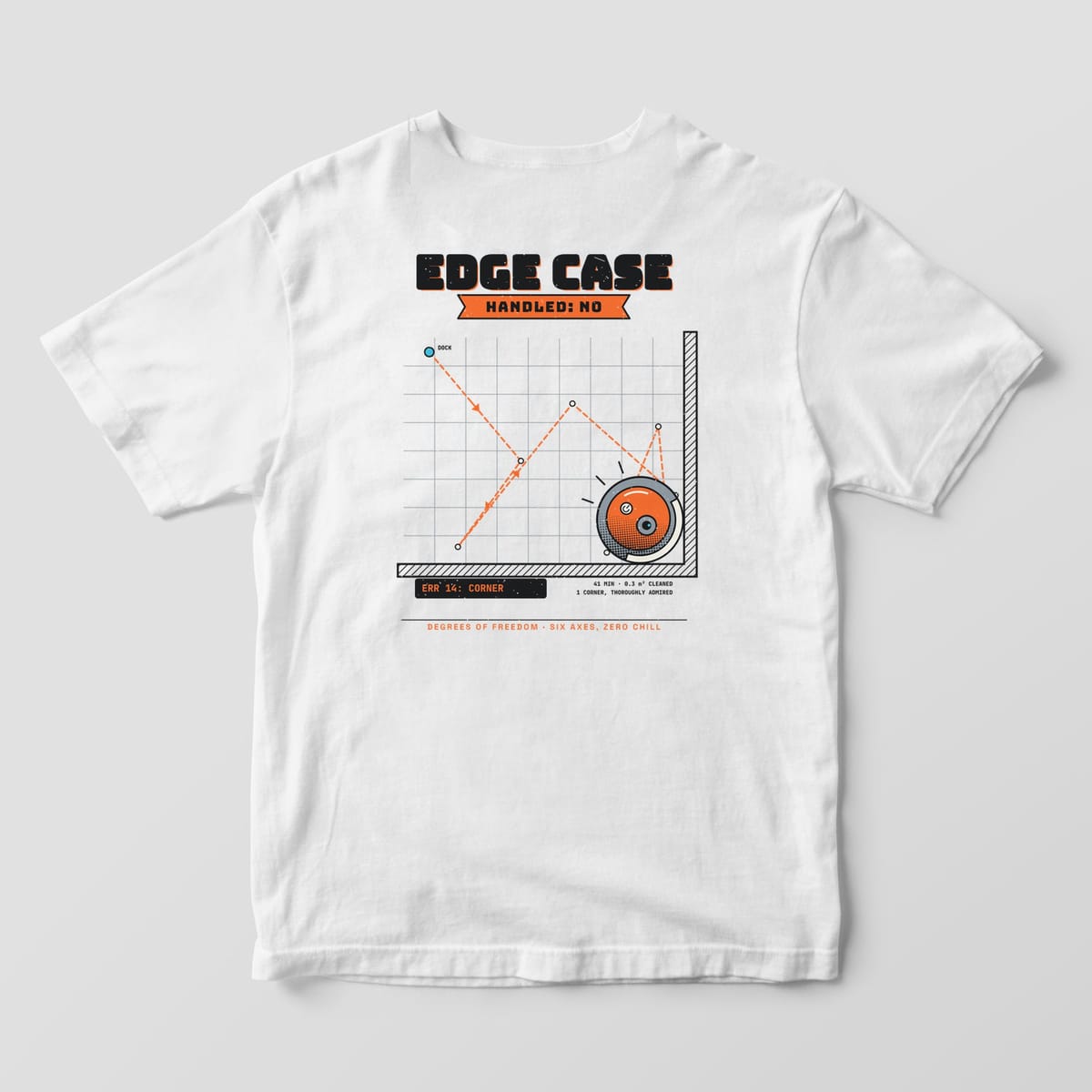 Back of a white Comfort Colors 1717 tee with a floor plan with a bouncing orange path and a robot vacuum stuck in the corner.