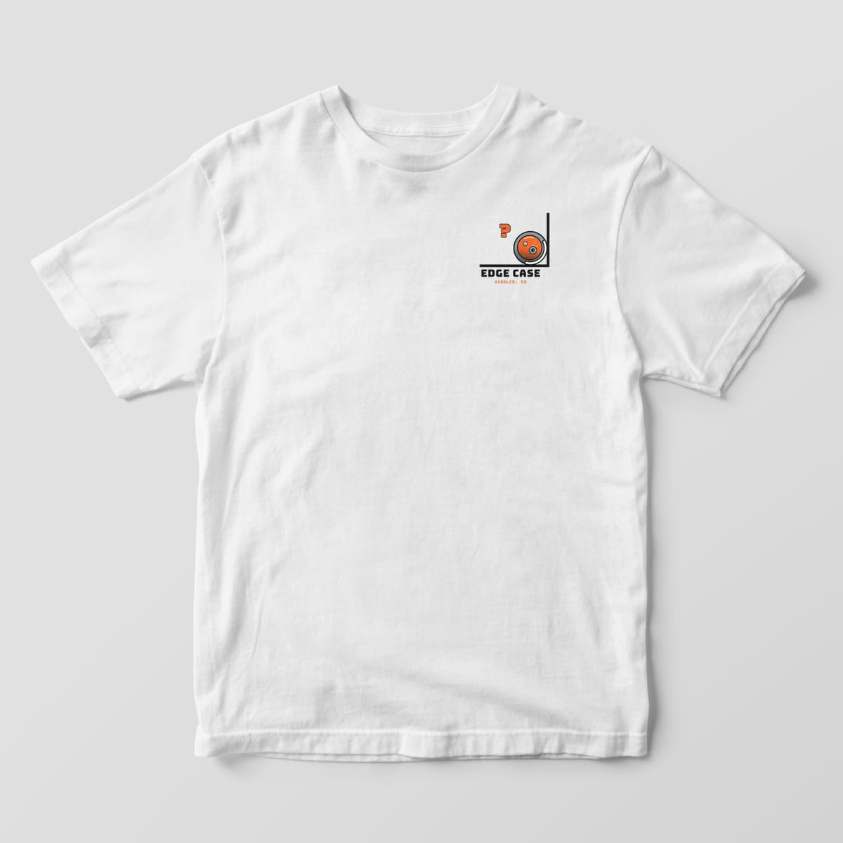 Front of a white Comfort Colors 1717 tee with a small robot vacuum stuck in a corner on the left chest.