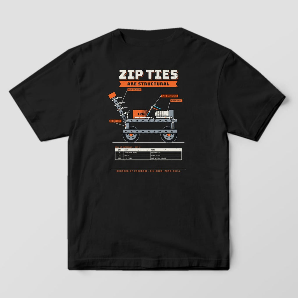 Back of a black Comfort Colors 1717 tee with a zip-tied robot chassis with Structural callouts and a bill of materials.