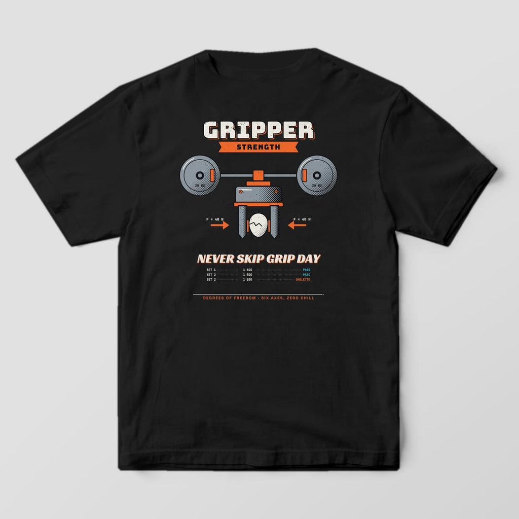 Back of a black Comfort Colors 1717 tee with a robot gripper squeezing an egg under a barbell and Never Skip Grip Day lettering.