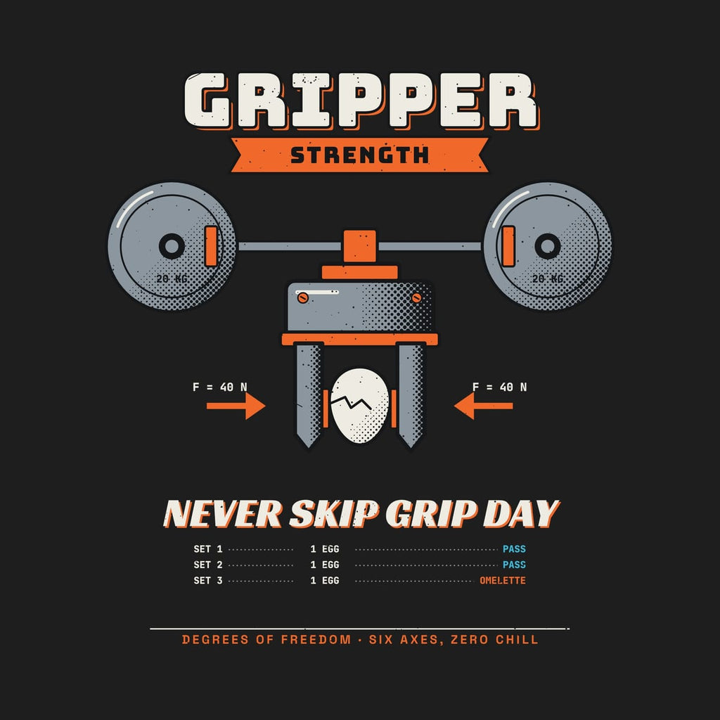 Close-up of the gripper artwork showing the rubber jaw pads, the cracked egg, the 40 N force arrows and the barbell plates.