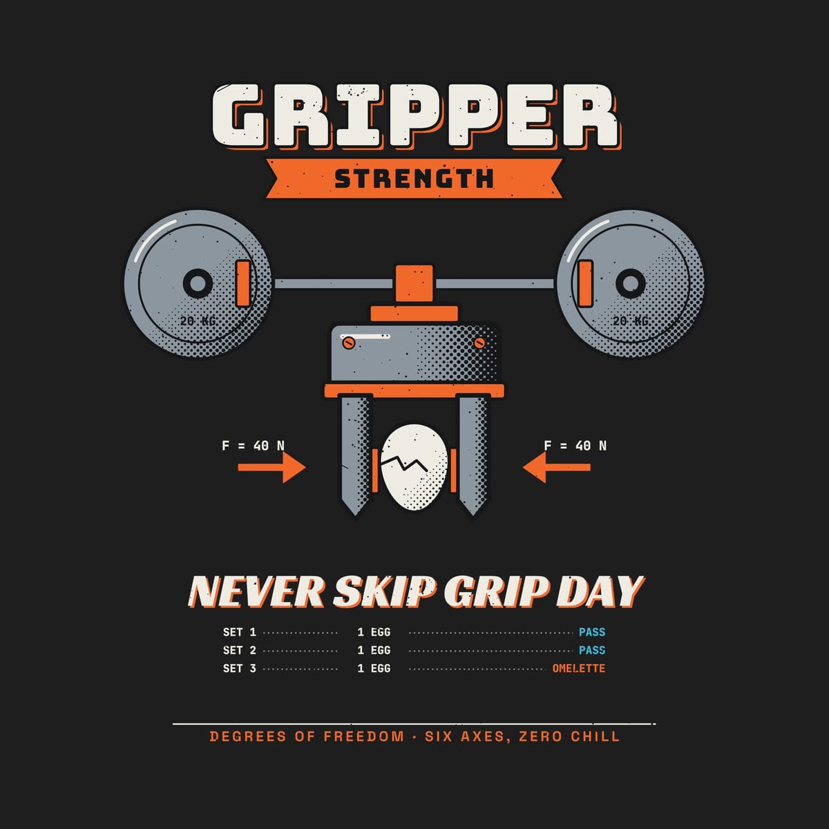 Close-up of the gripper artwork showing the rubber jaw pads, the cracked egg, the 40 N force arrows and the barbell plates.