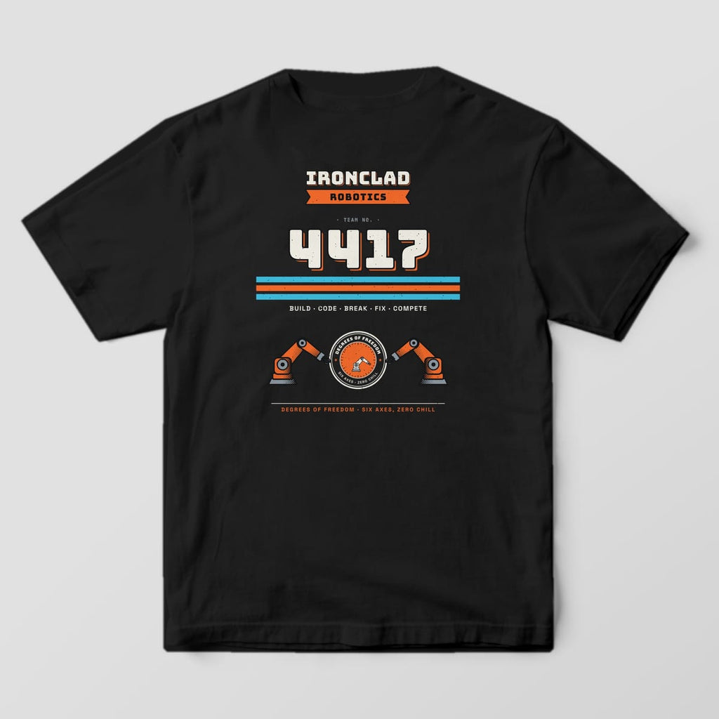 Back of a black Comfort Colors 1717 tee with a custom team name, a Robotics ribbon and a large team number over stripes.