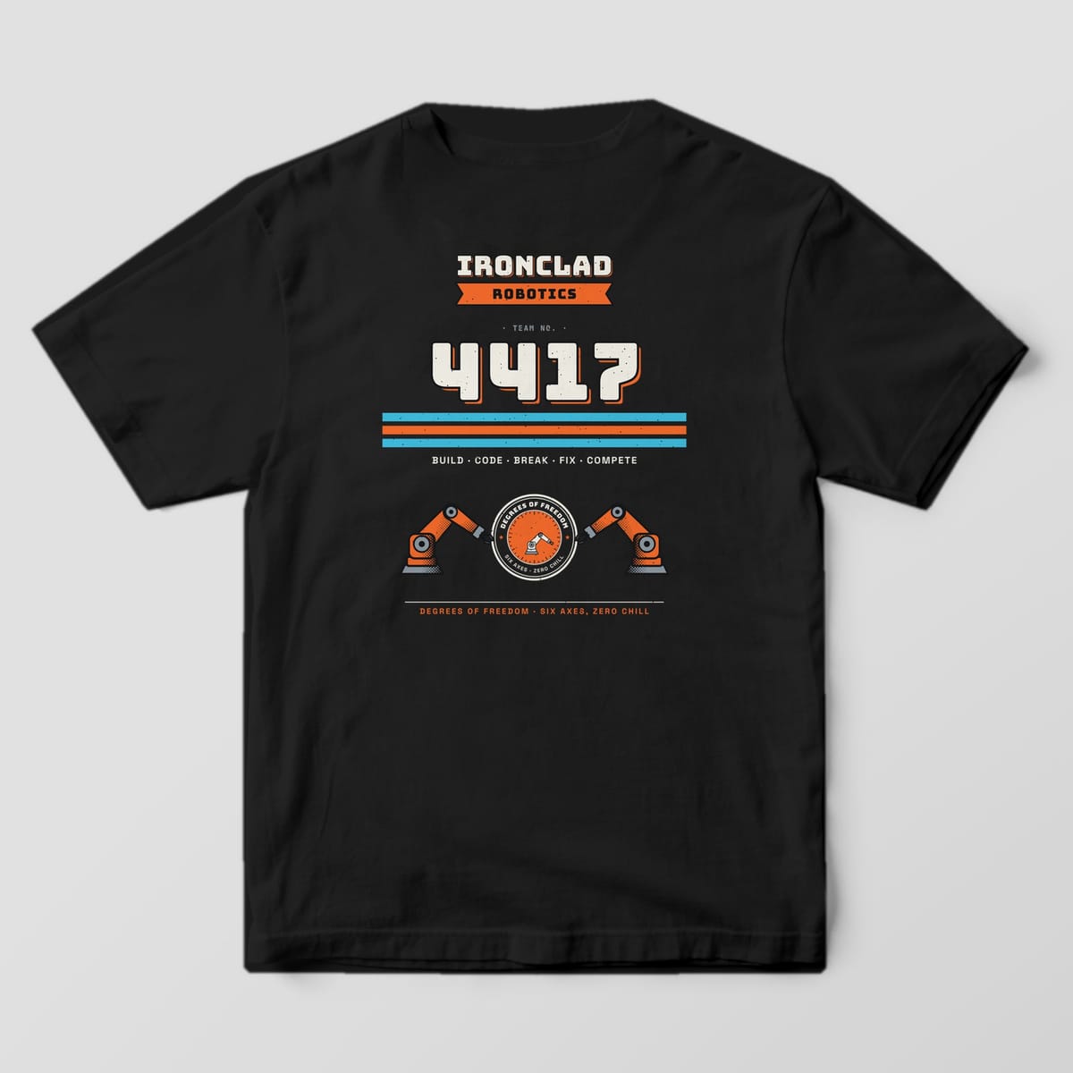 Back of a black Comfort Colors 1717 tee with a custom team name, a Robotics ribbon and a large team number over stripes.