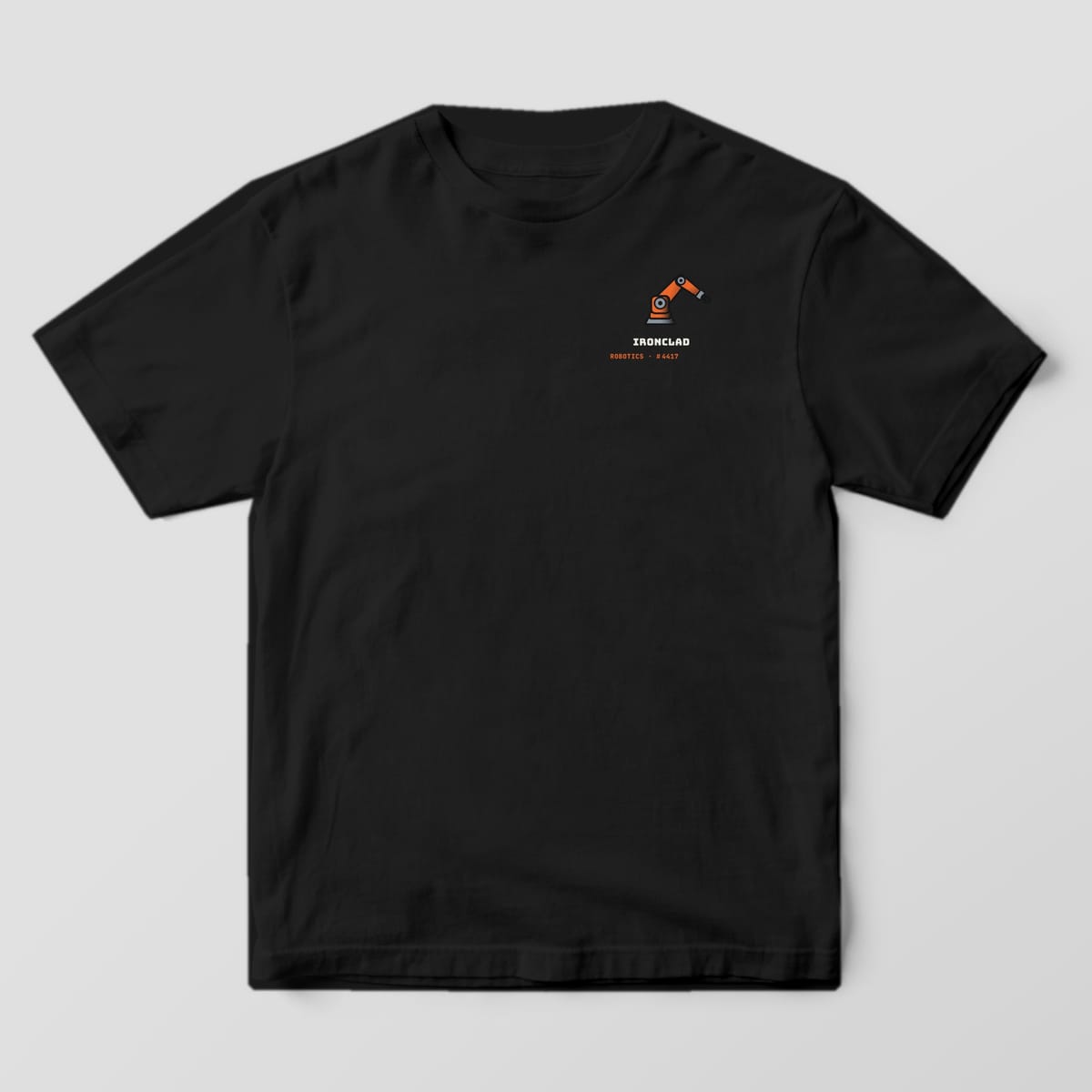 Front of a black Comfort Colors 1717 tee with a robot arm icon with the custom team name and number on the left chest.