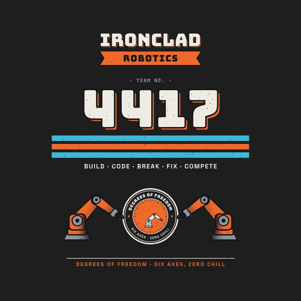 Close-up of the personalized artwork showing the sample team name IRONCLAD, the outlined number 4417, the racing stripes and the DF seal.