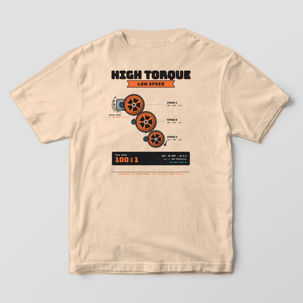 Back of an ivory Comfort Colors 1717 tee with a three-stage orange gear train and a 100:1 total ratio panel.