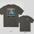 Pepper tee shown back and front: back has a retro paperback cover with a walking robot under a ringed cyan planet titled Walking Is Controlled Falling; front has a small walking robot.