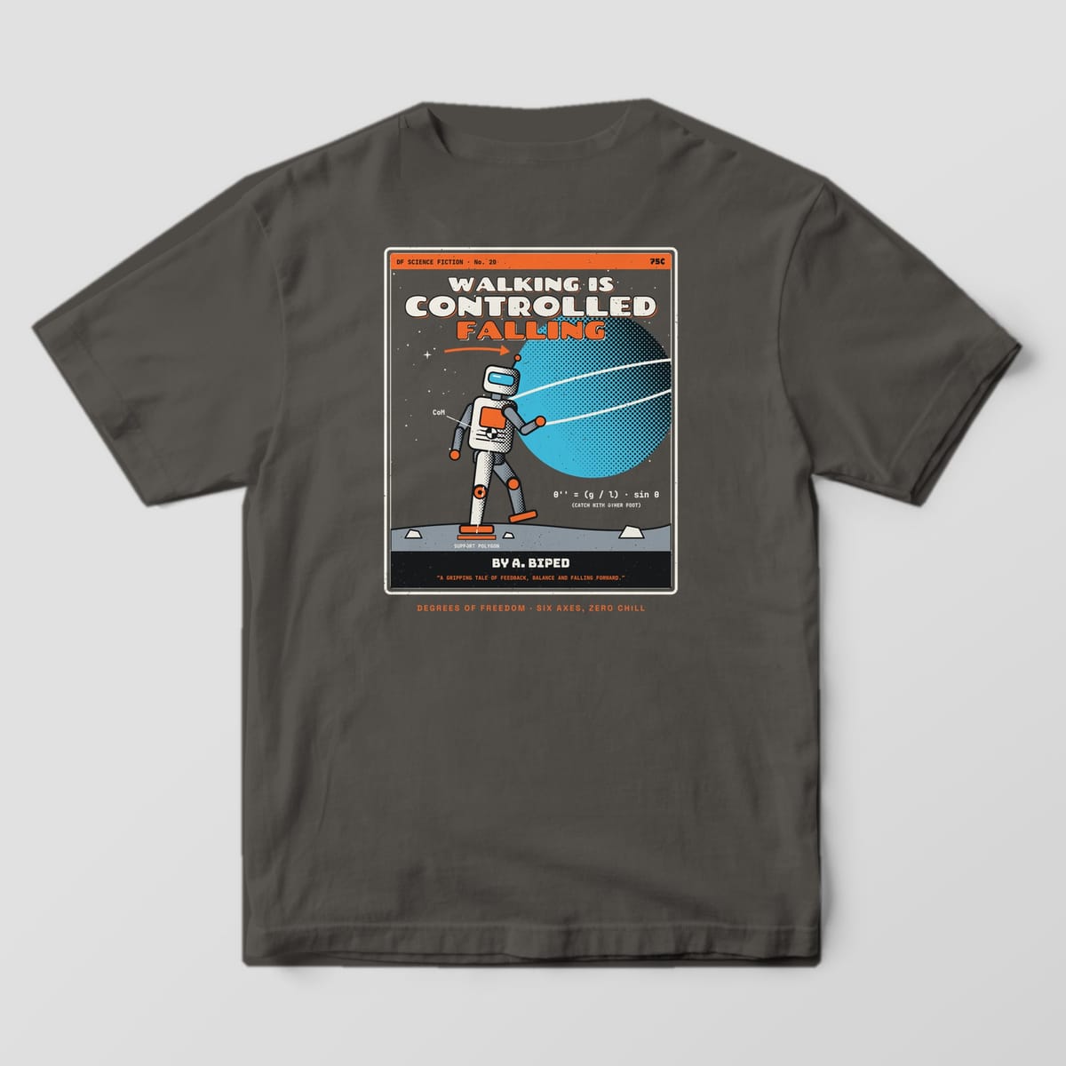 Back of a pepper Comfort Colors 1717 tee with a retro sci-fi book cover with a walking robot and a ringed cyan planet.