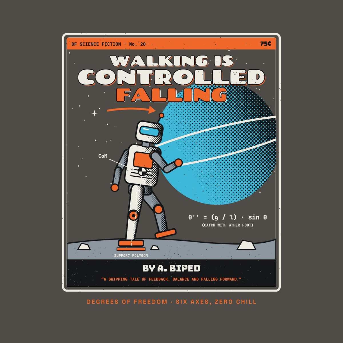 Close-up of the book cover artwork showing the robot's visor and knee joints, the CoM marker, the support polygon and the halftone planet.