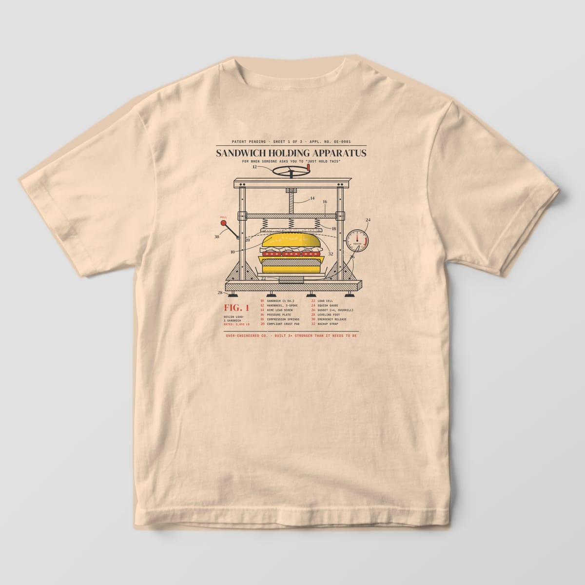 Back of an ivory Comfort Colors 1717 tee with a vintage patent drawing of a sandwich held in an over-built steel clamp frame with numbered callouts.