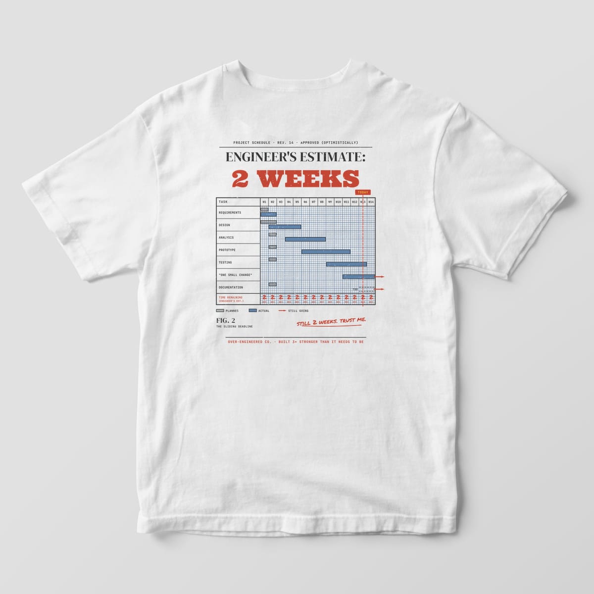 Back of a white Comfort Colors 1717 tee with a Gantt chart on blue graph paper under the words Engineer's Estimate: 2 Weeks.