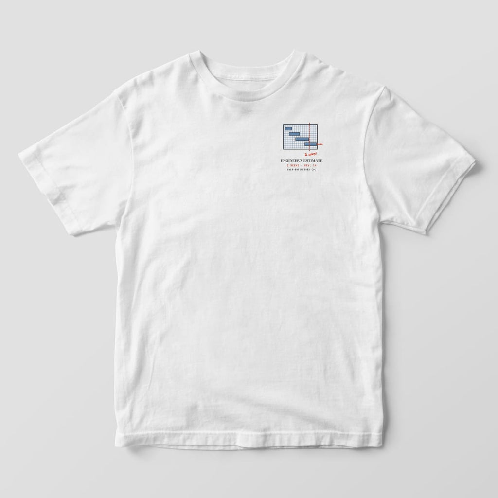 Front of a white Comfort Colors 1717 tee with a small blue Gantt chart icon on the left chest.