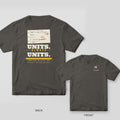 Pepper tee shown back and front: back has a red-pencil graded homework sheet above giant cream type reading Units. Always Units.; front has a small circled 42 with the word what.