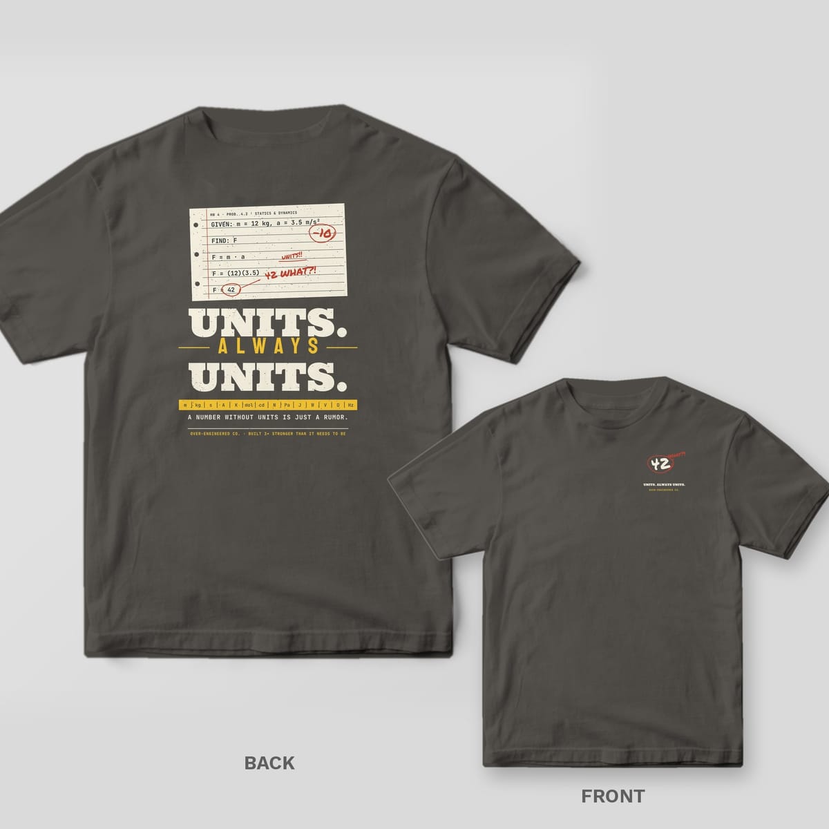Pepper tee shown back and front: back has a red-pencil graded homework sheet above giant cream type reading Units. Always Units.; front has a small circled 42 with the word what.