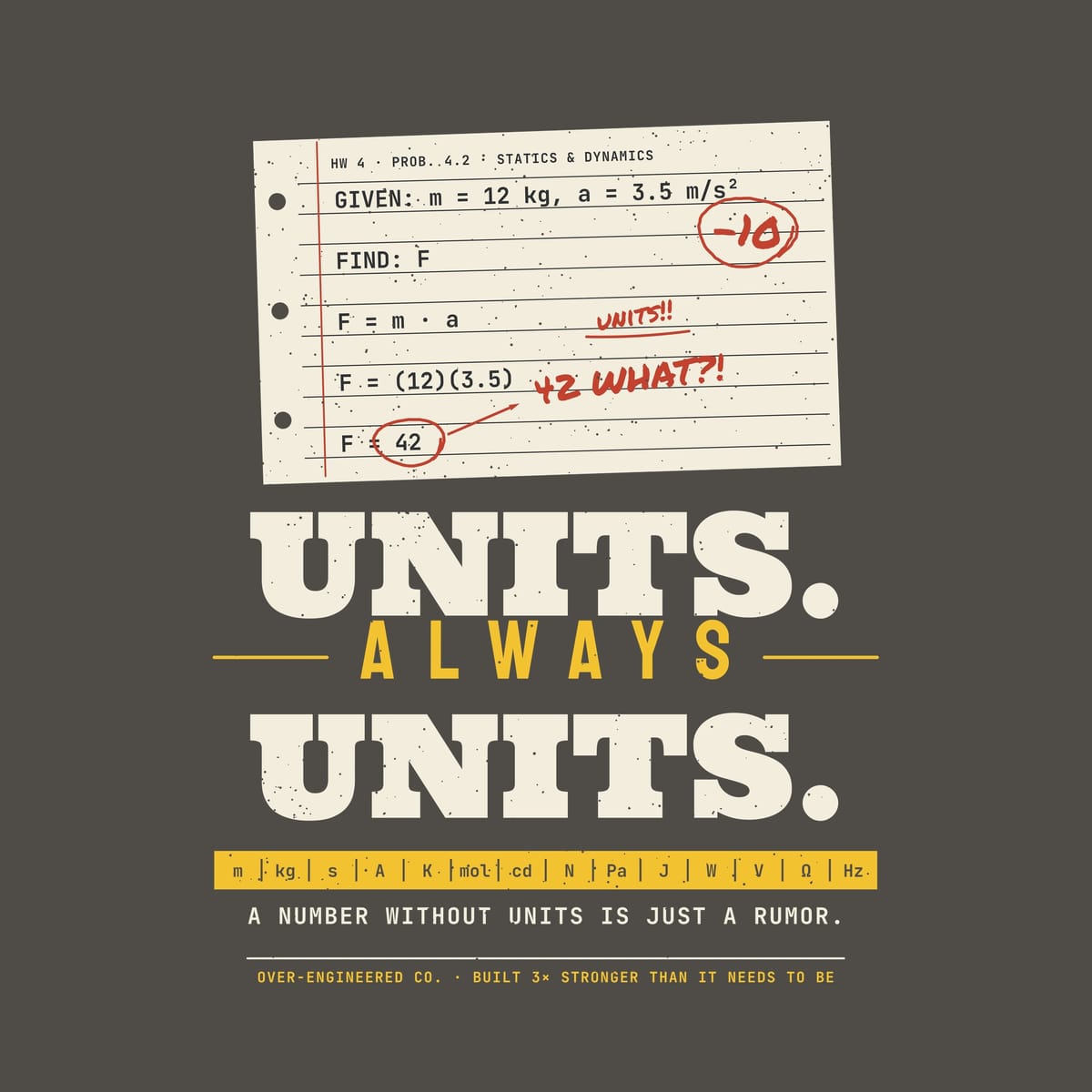 Close-up of the Units Always Units artwork showing the red-pencil grading, the −10 and the yellow SI unit strip.
