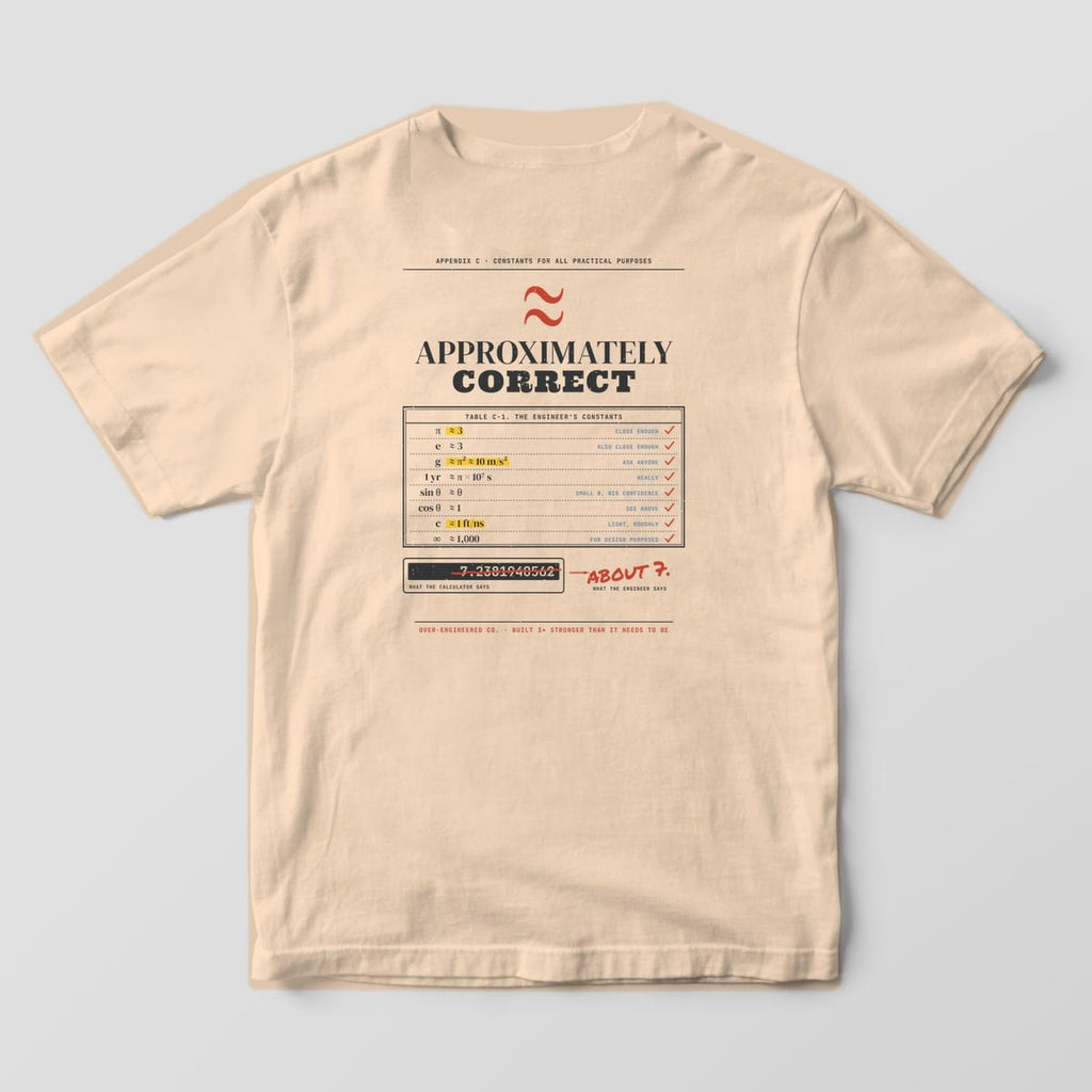 Back of an ivory Comfort Colors 1717 tee with a big red approximately-equal sign over a table of engineer's constants like pi = 3.