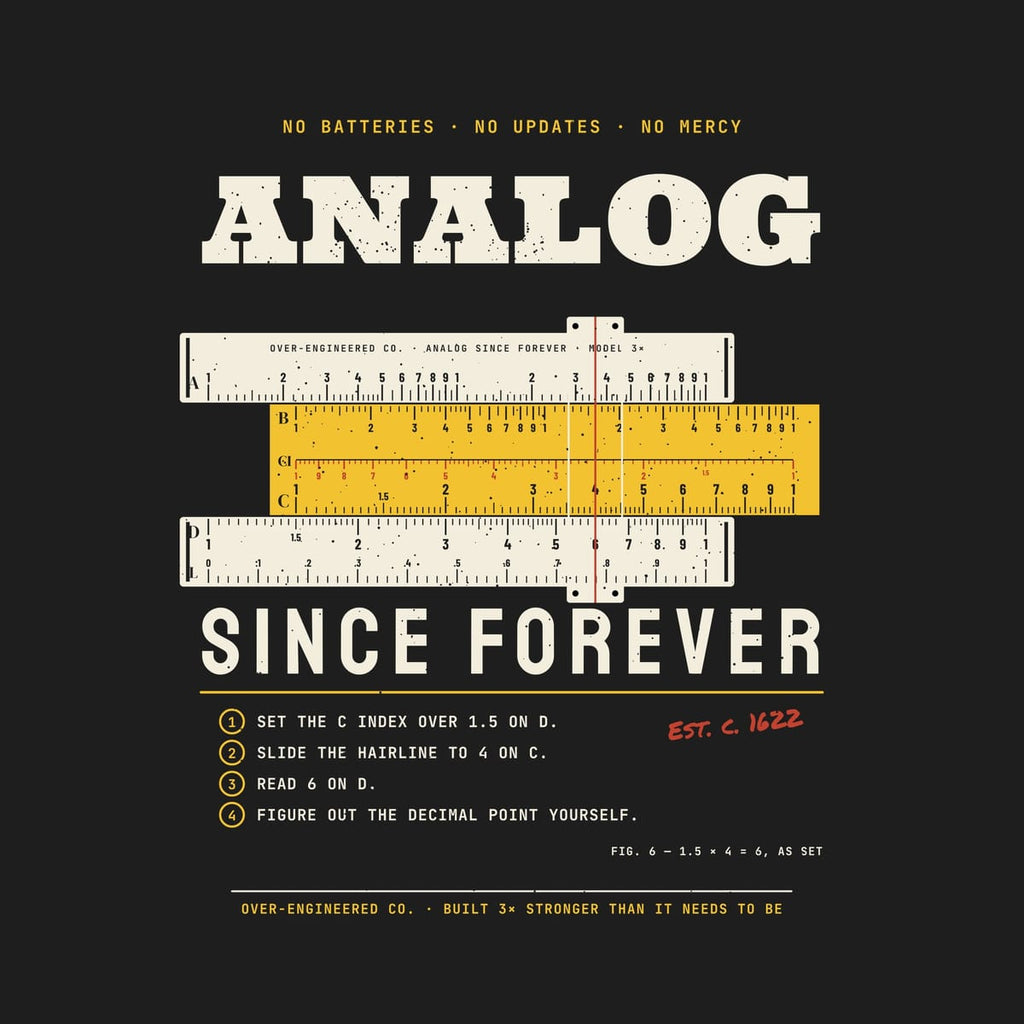 Close-up of the Analog Since Forever Slide Rule artwork showing the log scale ticks, the red cursor hairline and the how-to steps.