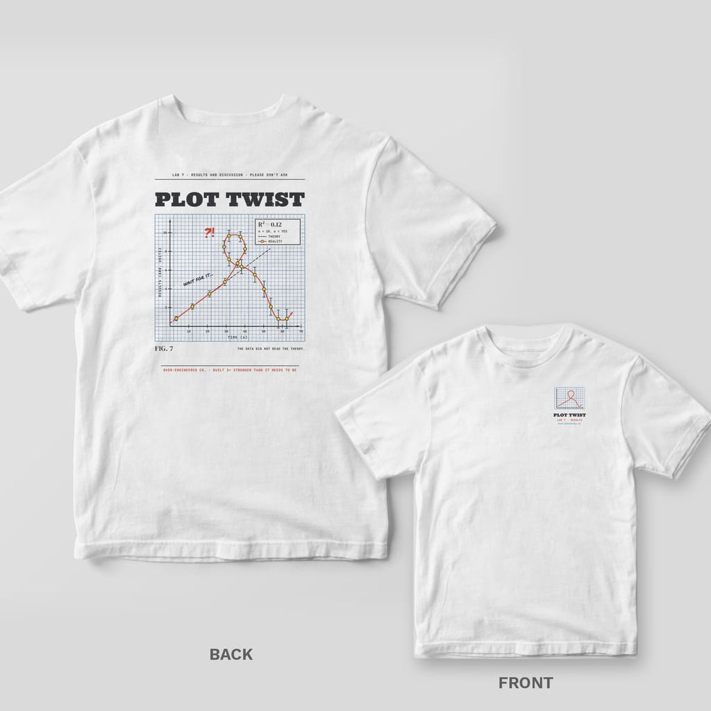 White tee shown back and front: back has a graph-paper plot where the data line loops away from the theory under the words Plot Twist; front has a small graph with a looping red line.