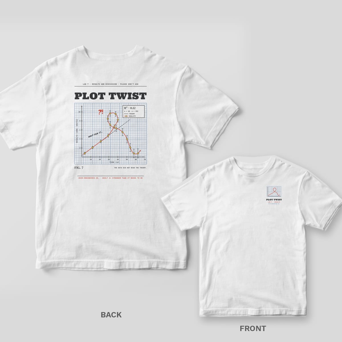 White tee shown back and front: back has a graph-paper plot where the data line loops away from the theory under the words Plot Twist; front has a small graph with a looping red line.