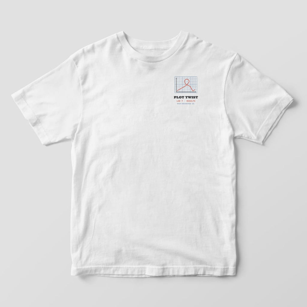 Front of a white Comfort Colors 1717 tee with a small graph with a looping red line on the left chest.