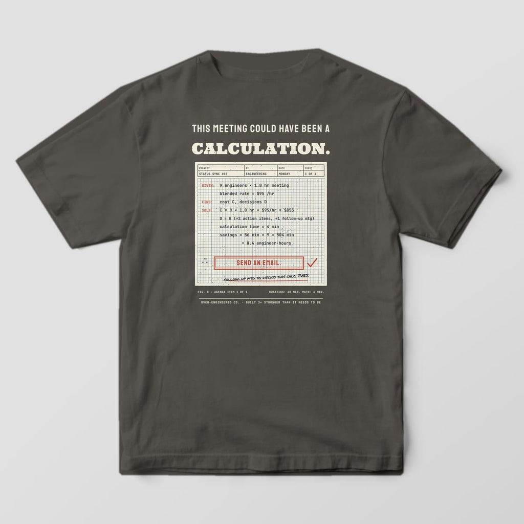 Back of a pepper Comfort Colors 1717 tee with an engineering calculation pad that concludes Send an Email under the words This Meeting Could Have Been a Calculation.