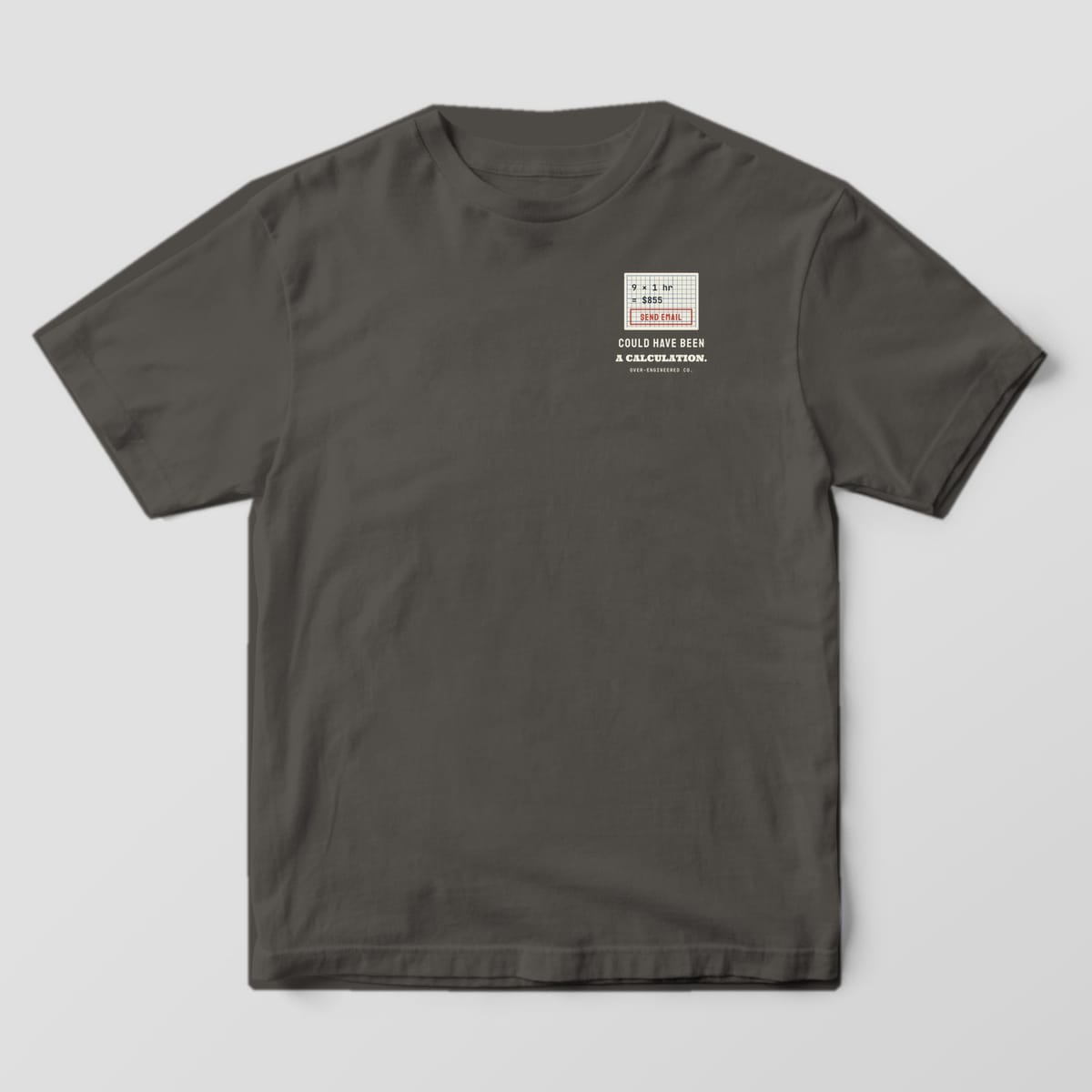 Front of a pepper Comfort Colors 1717 tee with a small calc pad with a red Send Email box on the left chest.