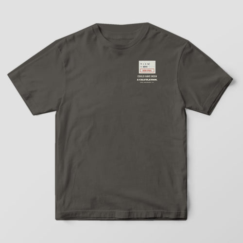 Front of a pepper Comfort Colors 1717 tee with a small calc pad with a red Send Email box on the left chest.