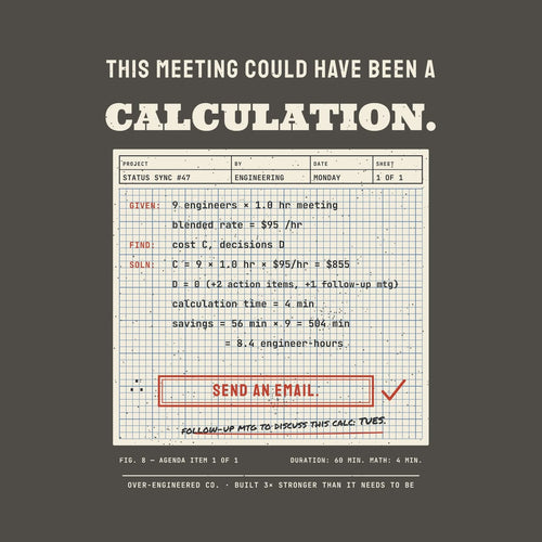 Close-up of the This Meeting Could Have Been a Calculation artwork showing the blue-gridded calc sheet, the boxed answer and the margin note.