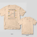Ivory tee shown back and front: back has a piping and instrumentation diagram with a tank, pump, valve, heat exchanger and column under Trust the P&ID; front has a small red OI 105 instrument bubble.