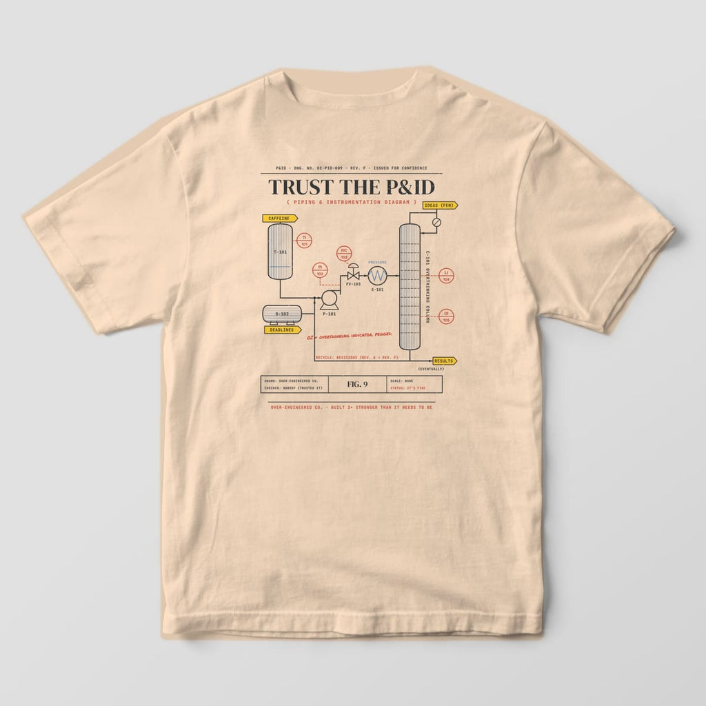 Back of an ivory Comfort Colors 1717 tee with a piping and instrumentation diagram with a tank, pump, valve, heat exchanger and column under Trust the P&ID.