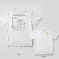 White tee shown back and front: back has a vintage patent drawing of a chain-reaction contraption that flips a light switch; front has a small yellow lit light bulb.