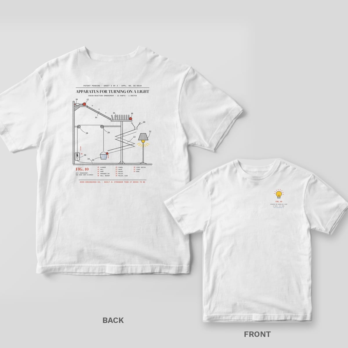 White tee shown back and front: back has a vintage patent drawing of a chain-reaction contraption that flips a light switch; front has a small yellow lit light bulb.